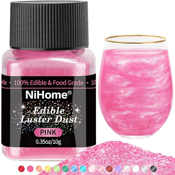 NiHome Edible Food-Grade Glitter Powder Glimmer Luster Dust Metallic Fancy Food Decorating Sprinkle Glimmery Dust for Drink Wine Beverage Cake Bakery Vegan Allergen-Free (Pink, 0.35oz/10g)