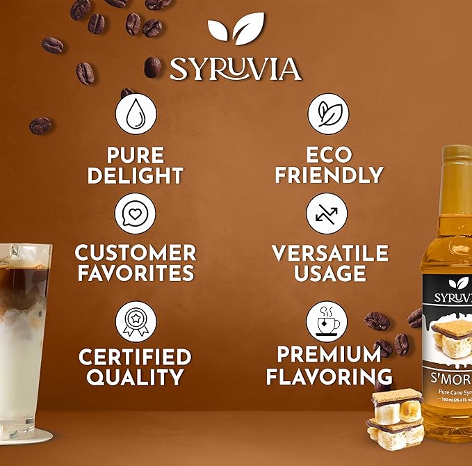 Syruvia S’mores Syrup for Coffee - 25.4 fl oz. Kosher and Gluten-Free. Perfect for Lattes, Smoothies, Shakes, Drinks, Desserts, and More.