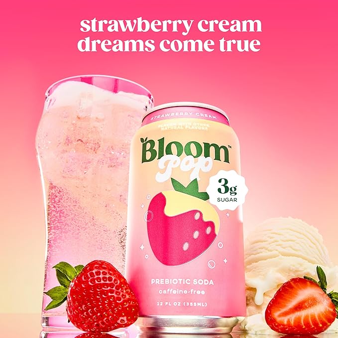 Bloom Pop Prebiotic Soda 12 Pack, Strawberry Cream Flavor, 12oz Cans | Prebiotic Soda for Gut Health, Low Calorie Soda, No Caffeine, Healthy Soft Drink Alternative