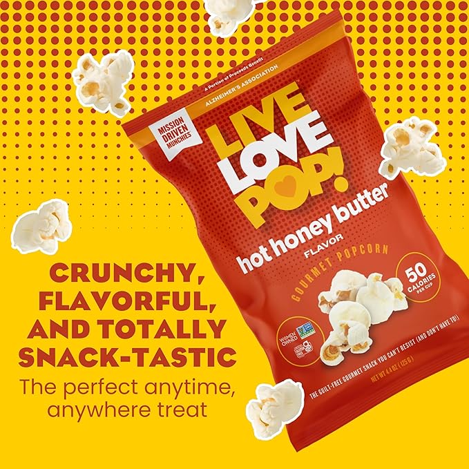 Live Love Pop Hot Honey Butter Flavored Gourmet Popcorn, 1.0 Oz (Pack of 12), Individual Snack Size Bags, Healthy Snack, Gluten Free, Vegan & Non-GMO, Mission Driven Munchies