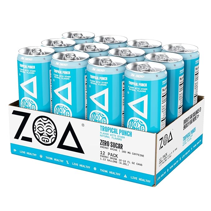 ZOA Zero Sugar Energy Drinks, Tropical Taste Pack - Sugar Free with Electrolytes, Healthy Vitamin C, Amino Acids, Essential B-Vitamins, and Caffeine from Green Tea - 12 Fl Oz (Pack Of 36)