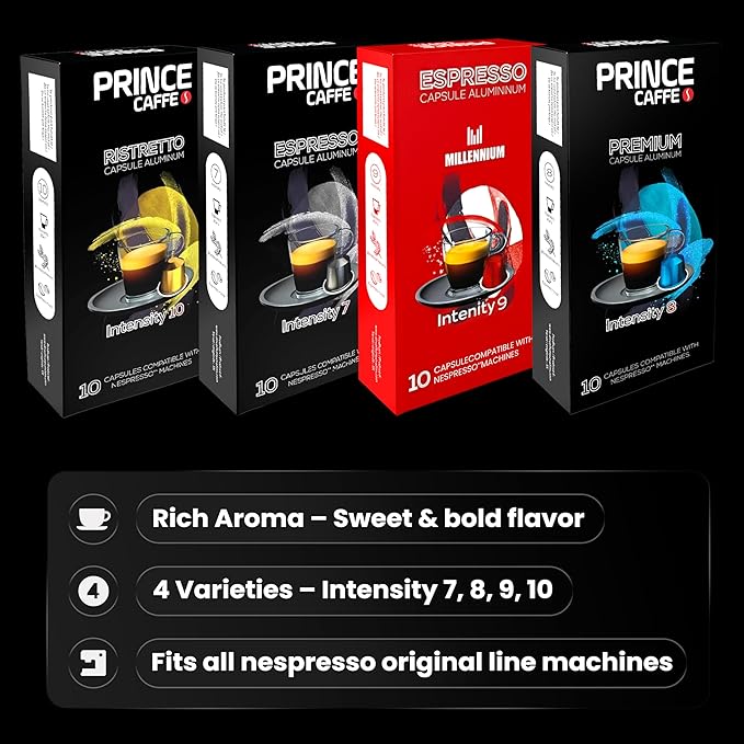 Prince Caffe Espresso Pods Variety Pack Compatible with Nespresso Original Line Machines – Espresso, Ristretto, Millennium & Premium – Intensity 7,8,9,10, 40 Count (4 x 10 Capsules)