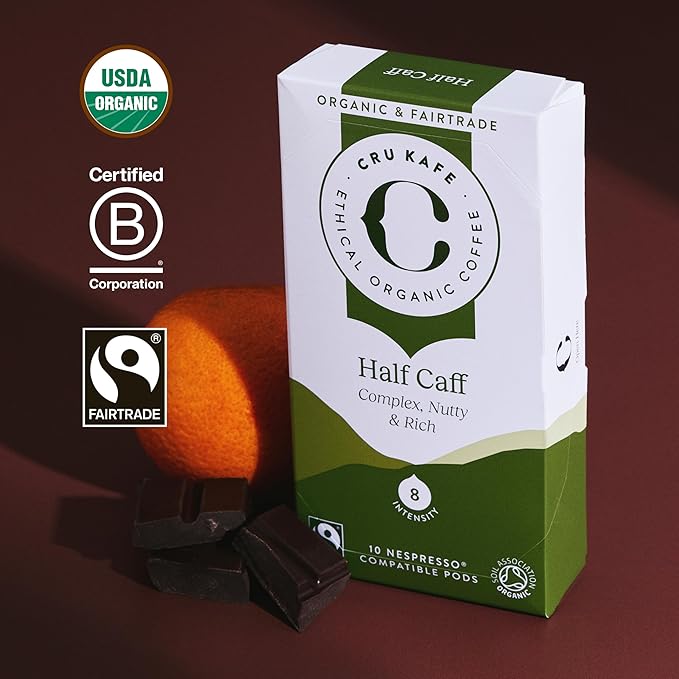Cru Kafe USDA Organic Half Caff Espresso Coffee Capsules (50 Pods) Fairtrade Coffee Pods Compatible with Nespresso Original Line and Pixie Machines