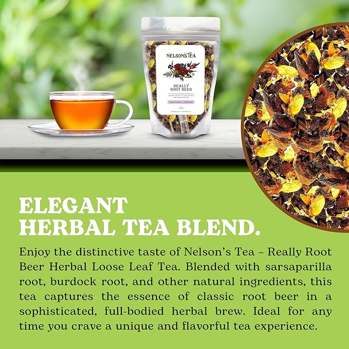 Nelson's Tea Really Root Beer - Sarsaparilla Root Herbal Loose Leaf Tea; Blend of Flavors like Sarsaparilla, Sassafras Burdock, and More! - 2 oz