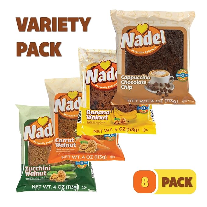 Nadel - Naturally Delicious Sweet Breads Variety Pack (Banana Walnut, Cappuccino Chocolate Chip, Carrot Walnut, Zucchini Walnut). (8 Pack, 2 Breads Per Flavor)