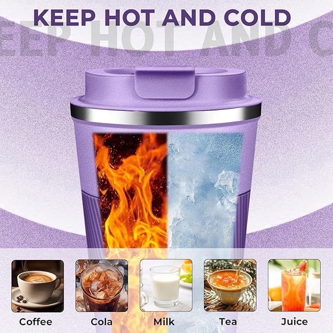 Insulated Coffee Tumbler 12 oz, Stainless Steel Coffee Mug with Lids, Travel Coffee Mug Leak Proof, Double Wall Vacuum Insulated Reusable Coffee Cup, Keep Drinks Hot and Cold (Lavender, 12 Ounces)