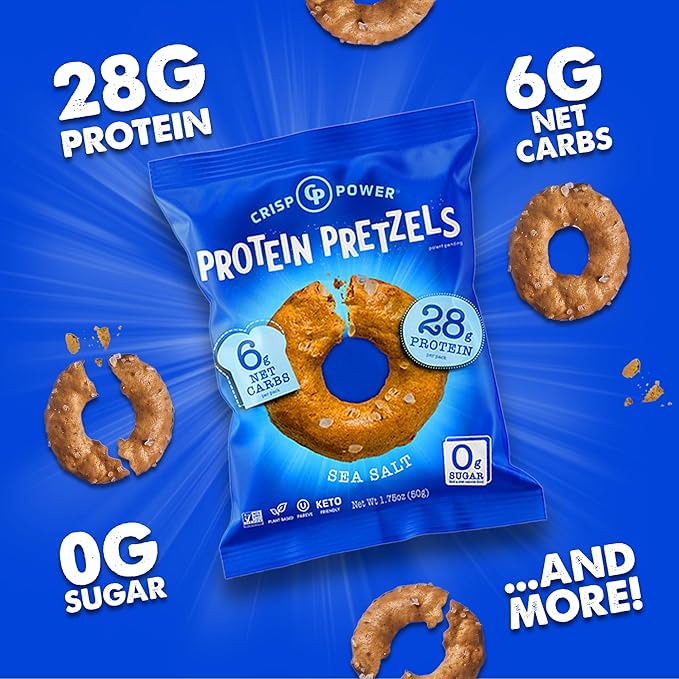 Crisp Power Protein Pretzels, Variety Pack With Sea Salt, Sesame, & Everything, Vegan Keto Snack, Plant Based Protein, Low Carb Crunchy Pretzel Snacks, No Added Sugar, No Seed Oils, 1.75 Oz Bags, 6 Pack