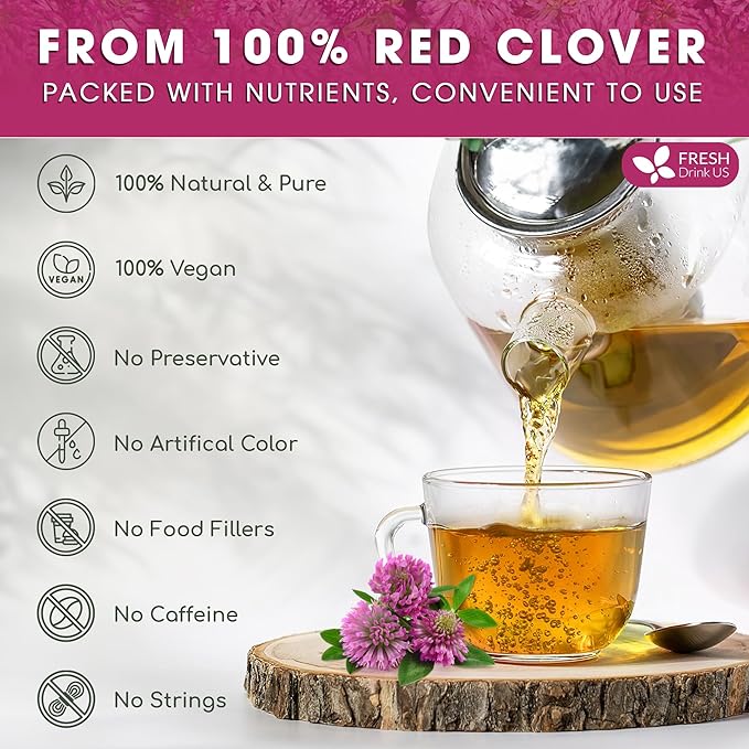 FreshDrinkUS, Premium Red Clover Herbal Tea– 35 Tea Bags – Pure – Naturally Smooth & Mild Flavor – Premium Quality, Eco-Conscious Packaging. Caffeine-Free. Gluten Free. Vegan