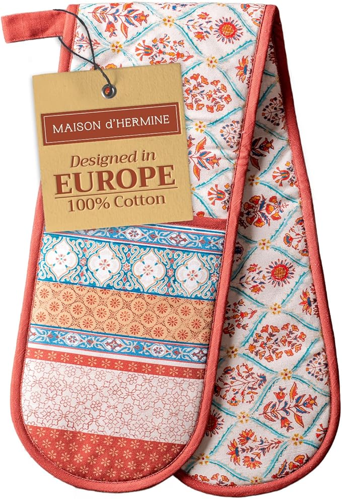 Maison d' Hermine Double Oven Mitts 100% Cotton 7"x35" Double Oven Mitt Heat Resistant BBQ Cooking Gloves with Loop, Baking, Grilling, Home, Kitchen, Handling Hot Pans (Romane)