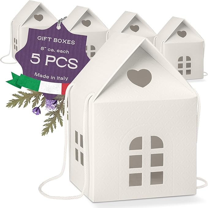 Craftory Pack of 5 House Shaped Gift Boxes (7.87 x 7.87 x 7.08 Inch) - Mansion Box Ideal for Christmas Gifts and Treats - White Matelasse