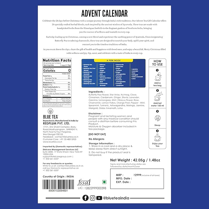 BLUE TEA - Advent Calendar 2025 (Blue) - 24 Tea Bags - Plant Based - 24 Unique Tea | Limited Edition | Sampler & Variety Pack | Caffeine Free - Herbal Tea - Christmas Holiday Unique Advent Calendar Tea Gift Set | Gift Idea for Men and Women