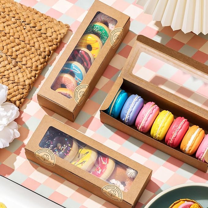 Sherr 50 Pcs Brown Macaron Boxes with Window, Cookies Boxes with 200 Pcs Stickers Long Bakery & Dessert Gifts Containers for Donuts, Pastry, Chocolate Covered Strawberry