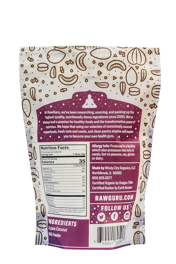 RawGuru Organic Coconut Milk Powder - Vegan & Nutrient-Dense Powder with Iron & Potassium - Rich & Creamy Organic Milk for Drinking or Baking - 16 oz, Pack of 1