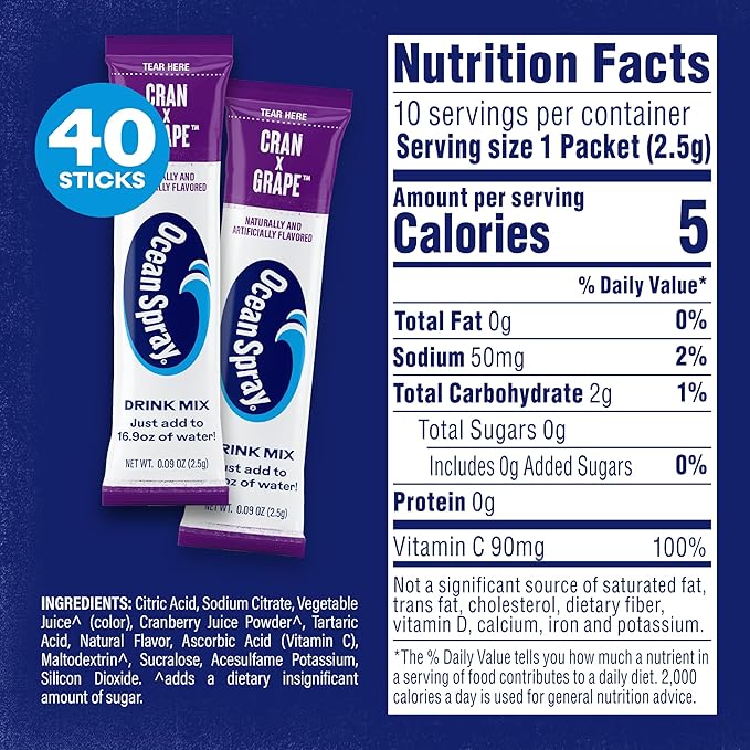 Ocean Spray® Cran-Grape™ Zero Sugar Powder Drink Mix Packets with Real Cranberry Juice Powder, 100% Vitamin C, No Synthetic Dyes, Juicy Mixes (40ct)