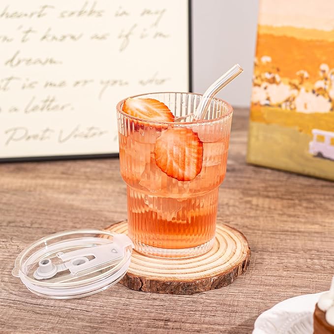 13oz/400ML Glass Tumbler with Straw and Lid Ribbed Vertical Ice Coffee Cups Sealed Carry on for Coffee Iced Tea, Thick Wall Glassware Tumbler Water Glass (Clear 1pc)
