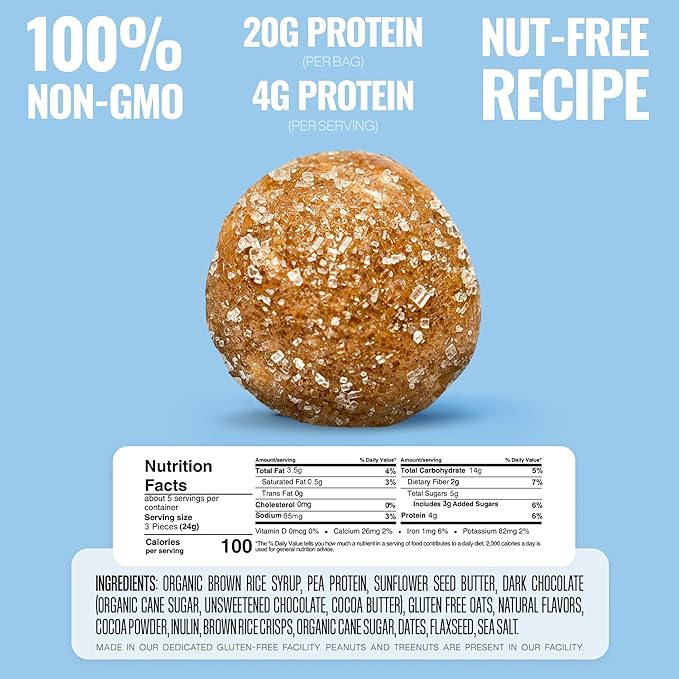 The Gluten Free Brothers Chocolate Chip Cookie Dough Nut Free Bites - Allergen Friendly, Gluten Free, Soy Free Protein Balls – Plant Based Vegan Non-GMO Snack Size Protein Energy Balls, 4 oz (6 Count)