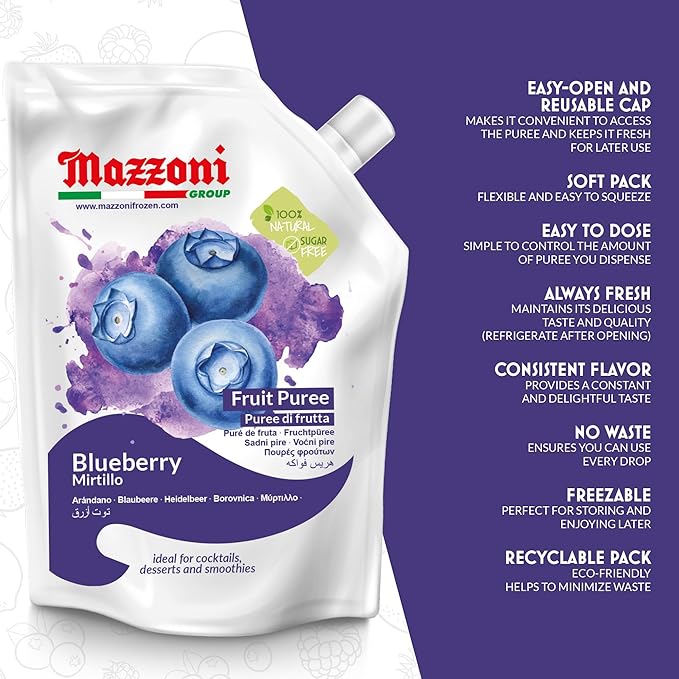 Mazzoni Blueberry Puree, 100% Pure Blueberries, Just Fruit, No Sugar Added, 2.2 lbs (35.2 oz) RMixer for Cocktails, Drinks, Smoothies. Convenient Pouch, Made in Italy