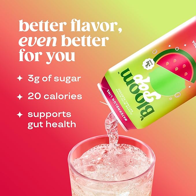 Bloom Pop Prebiotic Soda 12 Pack, Watermelon Lime Flavor, 12oz Cans | Prebiotic Soda for Gut Health, Low Calorie Soda, No Caffeine, Healthy Soft Drink Alternative