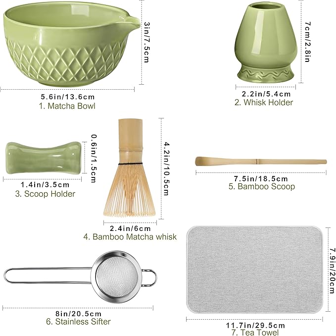 Matcha Whisk Set, 7 Pcs Matcha Kit, Ceramic Matcha Set Includes Matcha Bowl with Spout, Matcha Whisk and Holder, Bamboo Scoop, Scoop Rest, Sifter and Tea Towel (Matcha Green)