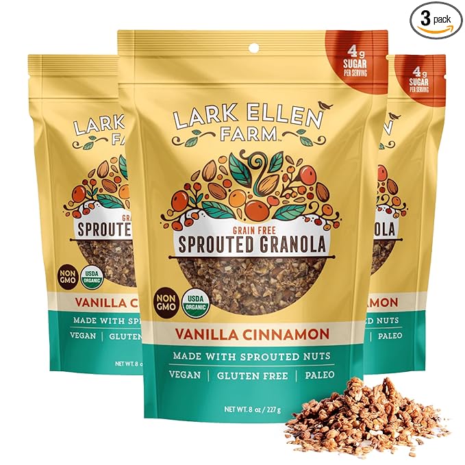 Lark Ellen Farm Vanilla Cinnamon Granola Clusters, Gluten Free, Vegan, Certified Organic, Low Sugar Healthy Snack for Cereal, Yogurt, or With Honey 8 oz - 3 Pack