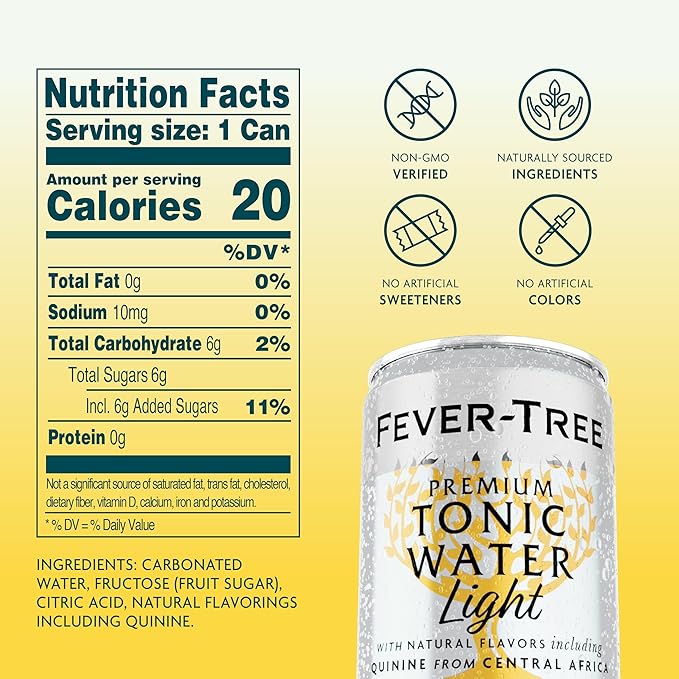 Fever-Tree Light Tonic Water - Premium Mixer - Refreshing Beverage for Cocktails & Mocktails. Naturally Sourced Ingredients, No Artificial Sweeteners or Colors - 5.1 Fl Oz Cans -Pack of 8