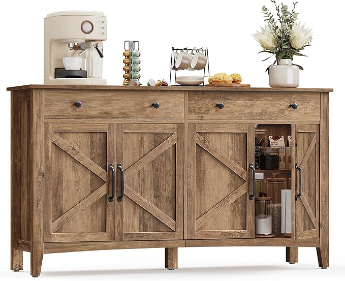 VASAGLE LIRY Collection - Buffet Cabinet, Coffee Bar Cabinet with 2 Drawers, Adjustable Shelves, Sideboard Storage with Cable Holes, Drawer Dividers, Honey Brown UBBK381K01