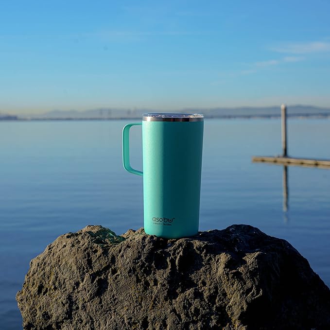 asobu Tower Mug Ceramic Inner Coated Insulated Stainless Steel Cup for Pure Tasting Coffee with Easy Hold Handle and Tritan Lid Fits Standard Cup Holders 20 Ounce Travel Mug (Black)