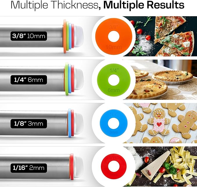Adjustable Stainless Steel Rolling Pin with 4 Dough Thickness Rings & Non-Stick Red Pastry Mat – 17" Professional Tool for Baking Pizza, Pasta, Cookies & Pie Crusts