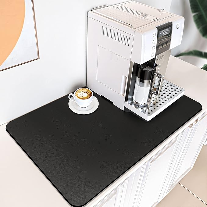 PoYang 24"x16" Coffee Mat Large, Coffee Bar Accessories for Countertop, Absorbent Dish Drying Mat, Anti-Slip and Hide Stain Pad for Espresso Machine, Espresso Maker and Kitchen Counter, Black