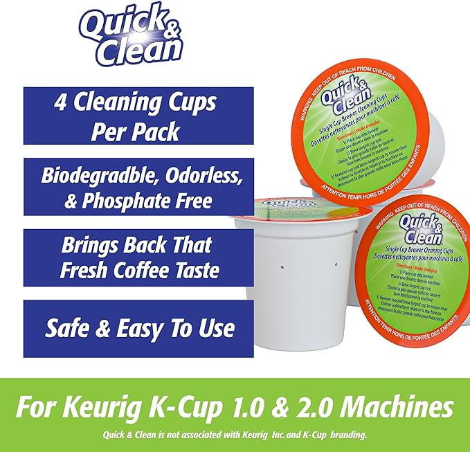 Quick & Clean 4-Pack of Cleaning Cups + 2 Filters with Descaler Bundle (2 Total Uses) - 2.0 Compatible, Descaling Solution for Keurig, Nespresso, Ninja, Delonghi, All Coffee and Espresso Machines…