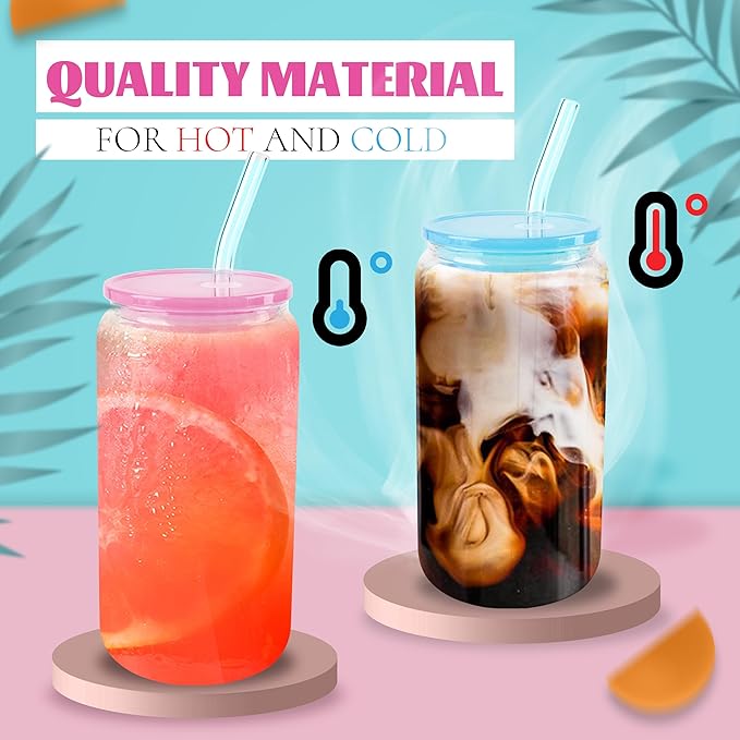 Joyclub 2pcs Glass Cups with Acrylic Lids and Straws 16 oz Can Shaped Glass Iced Coffee Cups with Lids and Straws, Cute Tumbler Cup Drinking Glasses for Smoothie Whiskey Boba Soda Tea Gift