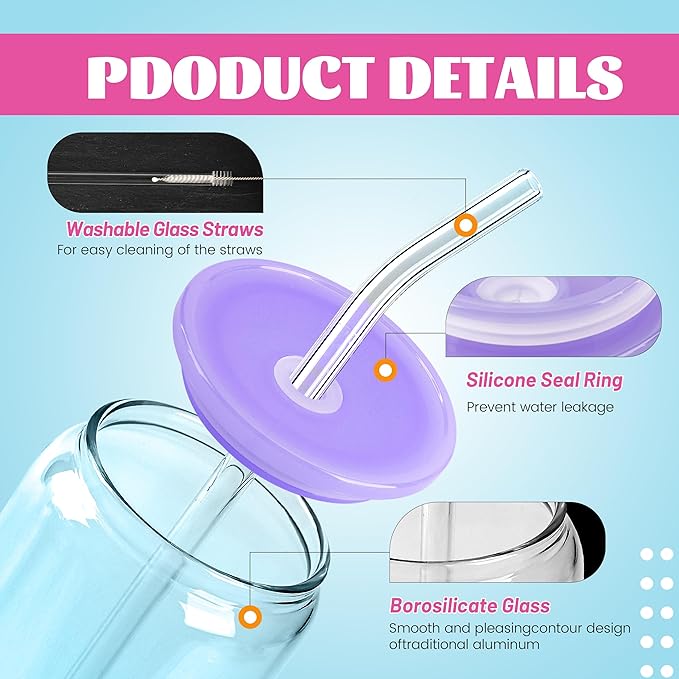 Joyclub 4pcs Glass Cups with Acrylic Lids and Straws 16 oz Can Shaped Glass Iced Coffee Cups with Lids and Straws, Cute Tumbler Cup Drinking Glasses for Smoothie Whiskey Boba Soda Tea Gift