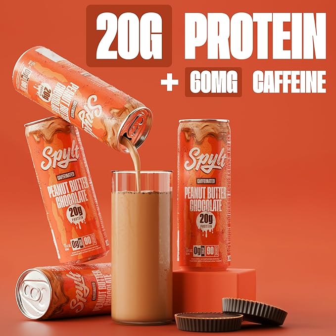 Spylt High Protein Peanut Butter Chocolate Milk with 60mg Caffeine & 20g Protein - 90 Calories, Ready to Drink, Sugar Free, Lactose Free Milk, Perfect for Workout Recovery & Afternoon Pick Me Up - 12 Count