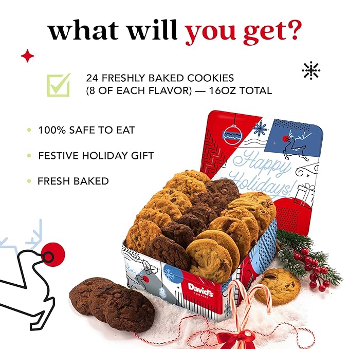 David’s Cookies Winter Wonderland Assorted Christmas Cookies Tin - Delicious Chocolate Chunk & Oatmeal Raisin Cookies - Fresh-baked and Homemade Cookies - Gourmet Holiday Food Gift Basket for Everyone