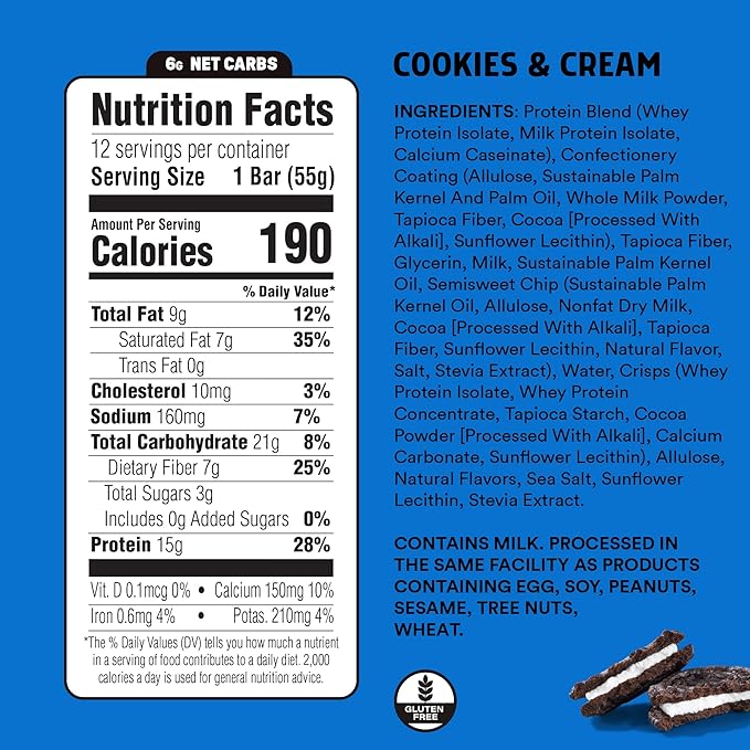 JUNKLESS Protein Bars - Cookies & Cream - 15g Protein, No Added Sugar, Gluten Free, High Fiber, Delicious Taste and Texture, Satisfying, Healthy Snack for Energy - 12 Bars