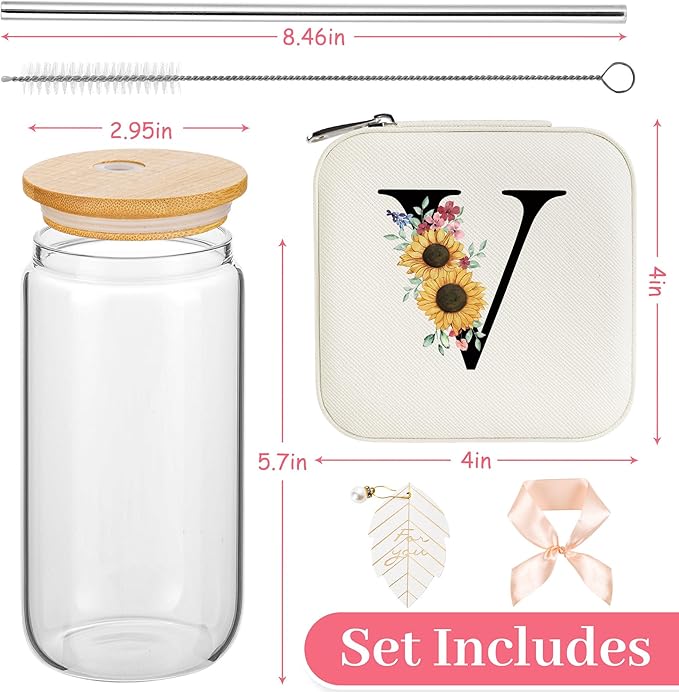 AYGXU Initial glass cups with lids and straws,Small Jewelry Box for Girls,Small Jewelry Organizer Box,Cute Tumbler Cup,Travel Gifts for Women,Travel Essentials, Initial V white