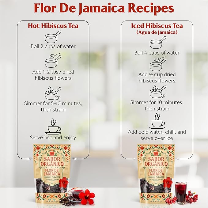 4oz Dried Hibiscus Flowers perfect for Tea and Mexican Agua de Jamaica | Flor de Jamaica Organica Natural | Flor de Jamaica Non-GMO, No Preservatives Resealable Stand-up pouches | by Sabor Orgánico