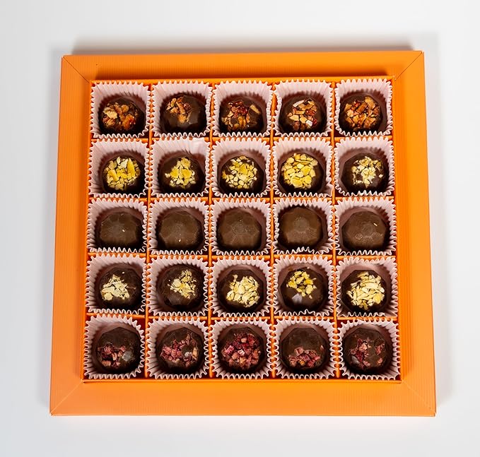 Andy Anand Chocolatier Belgian Chocolate Truffles - 25 Pcs Parisian Chocolate Truffles Gift Box With Mango, Pistachio, Pineapple, Raspberry & Strawberry, Decadent Belgian Truffles (25 Pcs, 8 Oz)