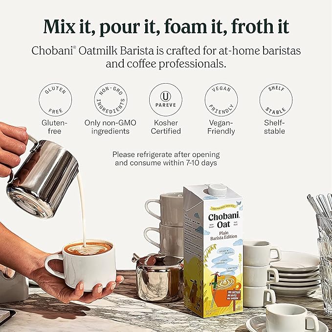 Chobani Oat Milk, Plain Oat Barista Edition, Shelf Stable Non Dairy Milk, Creamer, Vegan Friendly, Gluten-Free, 32 FL OZ (Pack-12)