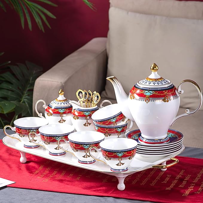 Euro Style Bone China Tea Set, Tea Sets For 6 Adults, Bone China Tea Cup Set With Teapot Spoons, Sugar Bowl, Creamer Pitcher, Tea Set for Women, Tea Party Set, Gift Package (21, Vienna)