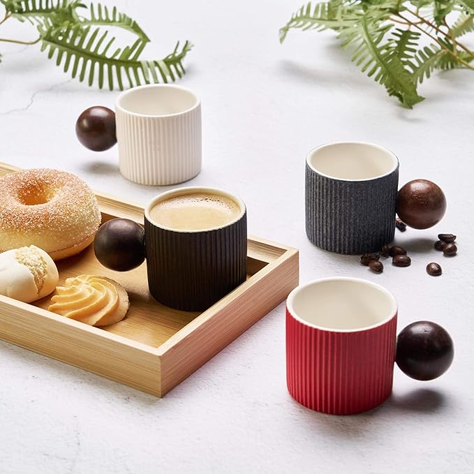 Ceramic Mini Espresso Cups Demitasse Cups with Round Wooden Handle Vertical Stripes Tea Cups (gray, 2pcs)