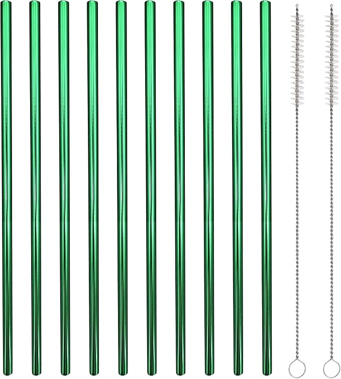 10 Pcs Stainless Steel Straws, Reusable Drinking Straws, Straight Metal Straw Sets with 2 Pcs Cleaning Brushes (10.5 Inch, Green)