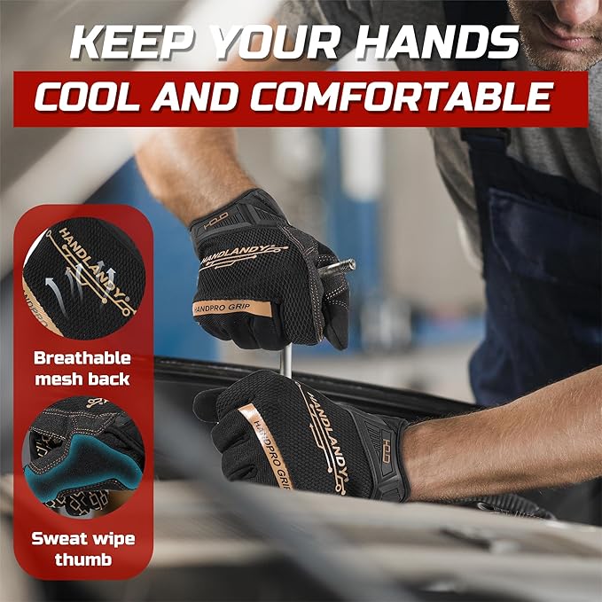HANDLANDY Mens Work Gloves Touch screen, Utility Mechanic Gloves, Flexible Breathable Fit- Padded Knuckles & Palm