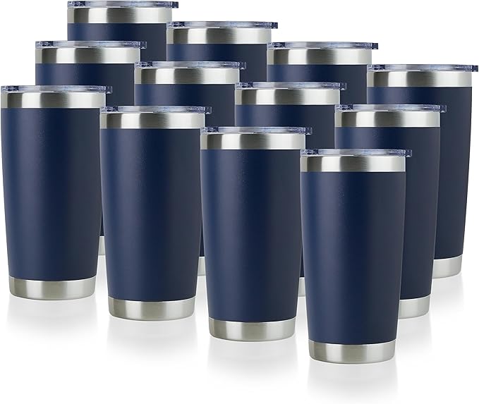 DOMICARE 20oz Stainless Steel Tumbler Bulk with Lid, Double Wall Vacuum Insulated Travel Mug, Powder Coated Coffee Cup (Navy, 12)