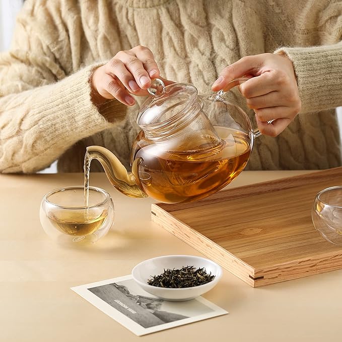 CNGLASS Glass Teapot Stovetop Safe,Clear Teapot with Removable Infuser 20.3 oz,Loose Leaf and Blooming Tea Maker