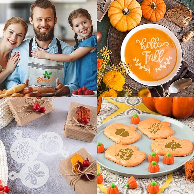 JULBEAR 36 Pieces Thanksgiving Stencils Fall Reusable Cookie Cake Stencils Templates Mold Tools for Decorating Autumn Holiday Cake DIY Baking Painting Dessert Coffee Decoration