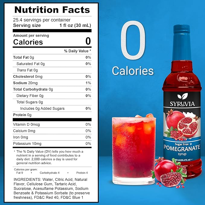 Syruvia Sugar-Free Pomegranate Syrup, Flavored Syrup for Drinks, Cocktails, Lemonades, Iced Teas, and Desserts – 25.4 fl oz, With Pump