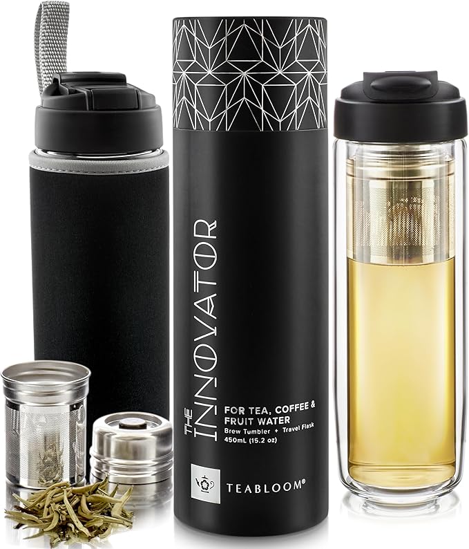 Teabloom Travel Tea Infusing Cup – Insulated Borosilicate Glass Bottle with Magnetic Controlled Infuser and Flip Lid for Hot Tea, Cold-brew Coffee, Fruit Water – The Innovator Tumbler (15oz/450ml)