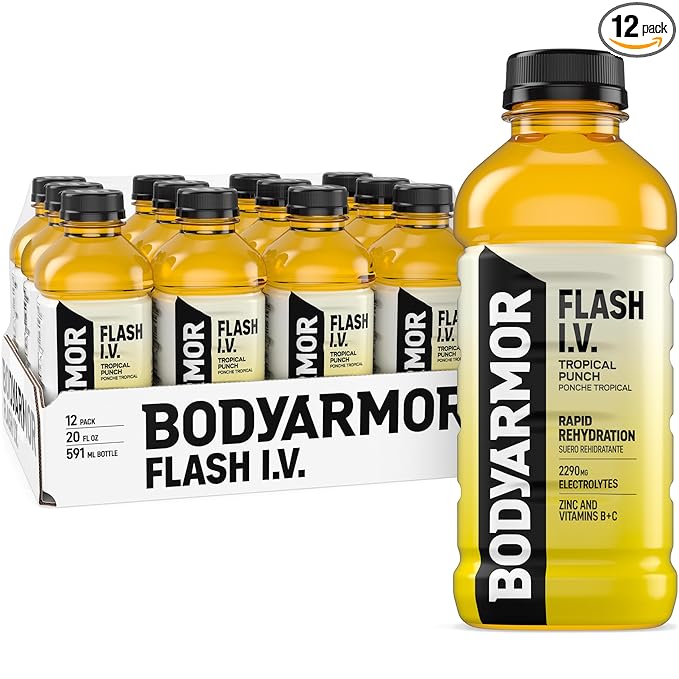 BODYARMOR Flash I.V. Electrolyte Beverage, Tropical Punch, Hydration Drink with Coconut Water For Rapid Rehydration, Post Workout Recovery, 20 Fl Oz (Pack of 12)