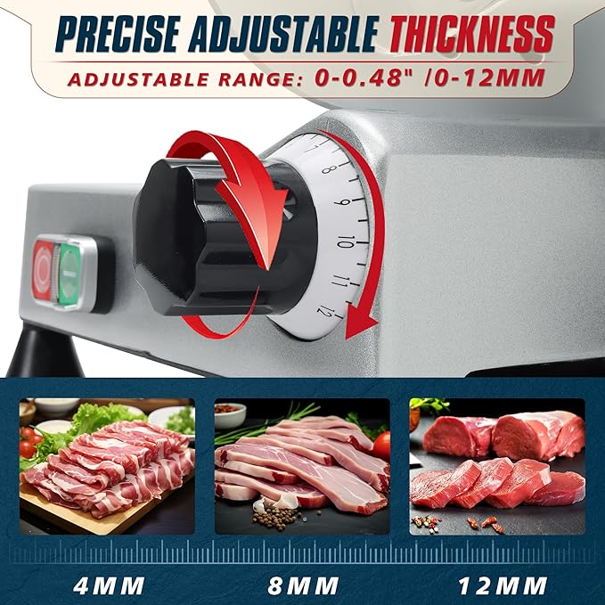 10 inch Commercial Meat Slicer, Electric Food Slicer, 240W Deli Slicer, Premium Chromium-plated Steel Blades, 0-12mm Adjustable Thickness Food Slicer For Commercial and Home use